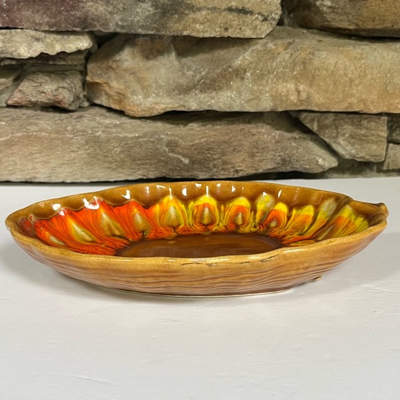 VTG 70s Orange Drip Glaze Candy Dish Leaf  Ceramic Boho 1970s Oval - Picture 2 of 5